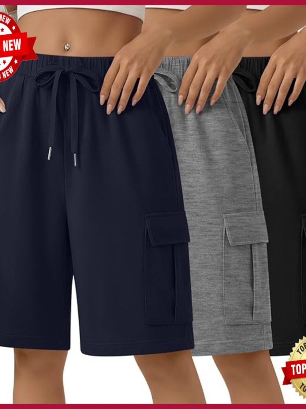 3pk Womens Bermuda Cargo Shorts Wide Leg Knee Length Lounge Athletic Drawstring